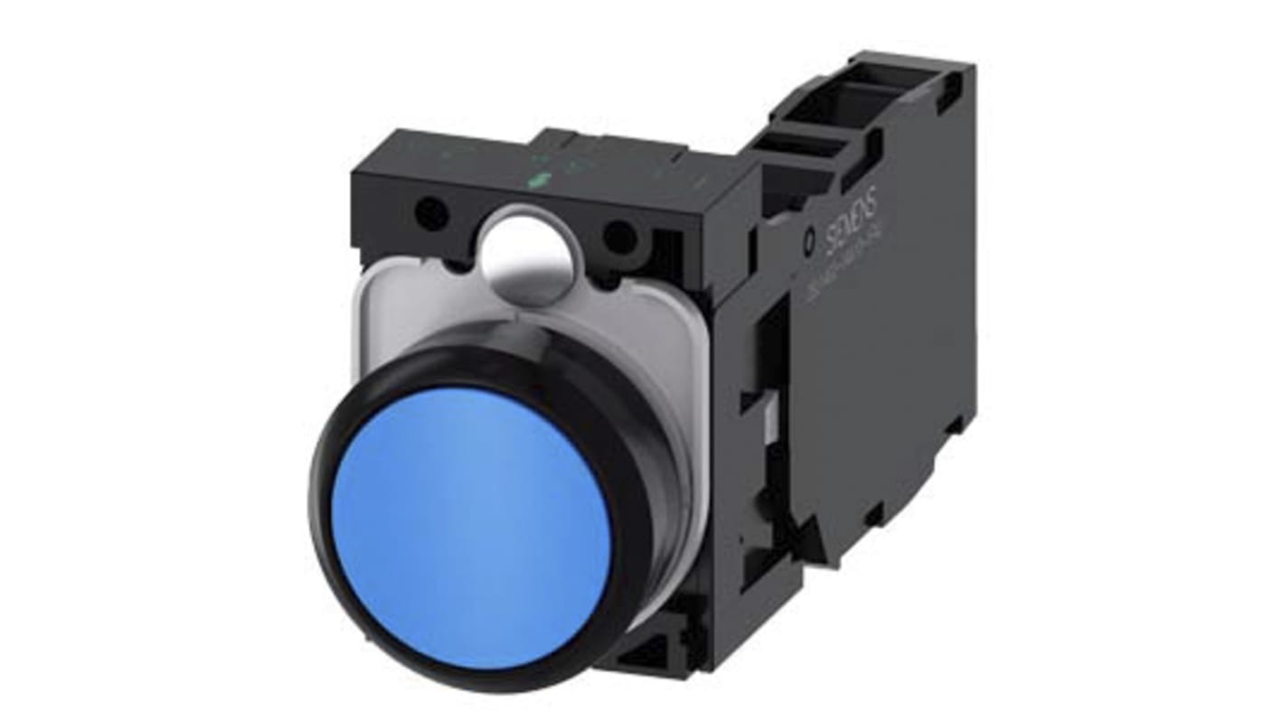 Pulsante Siemens SPDT rotondo blu, diametro 29.45 mm, contatto momentaneo, montaggio a vite, tensione max 500V.