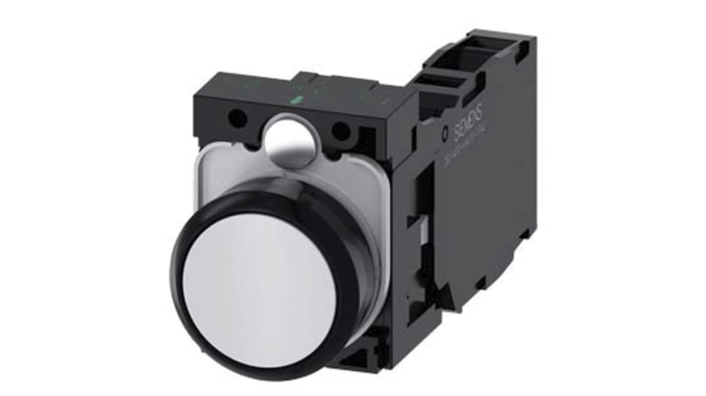 Pulsante rotondo Siemens SPDT, diametro 29.45 mm, 1 NA + 1 NC, montaggio a vite, per tensioni fino a 500V.