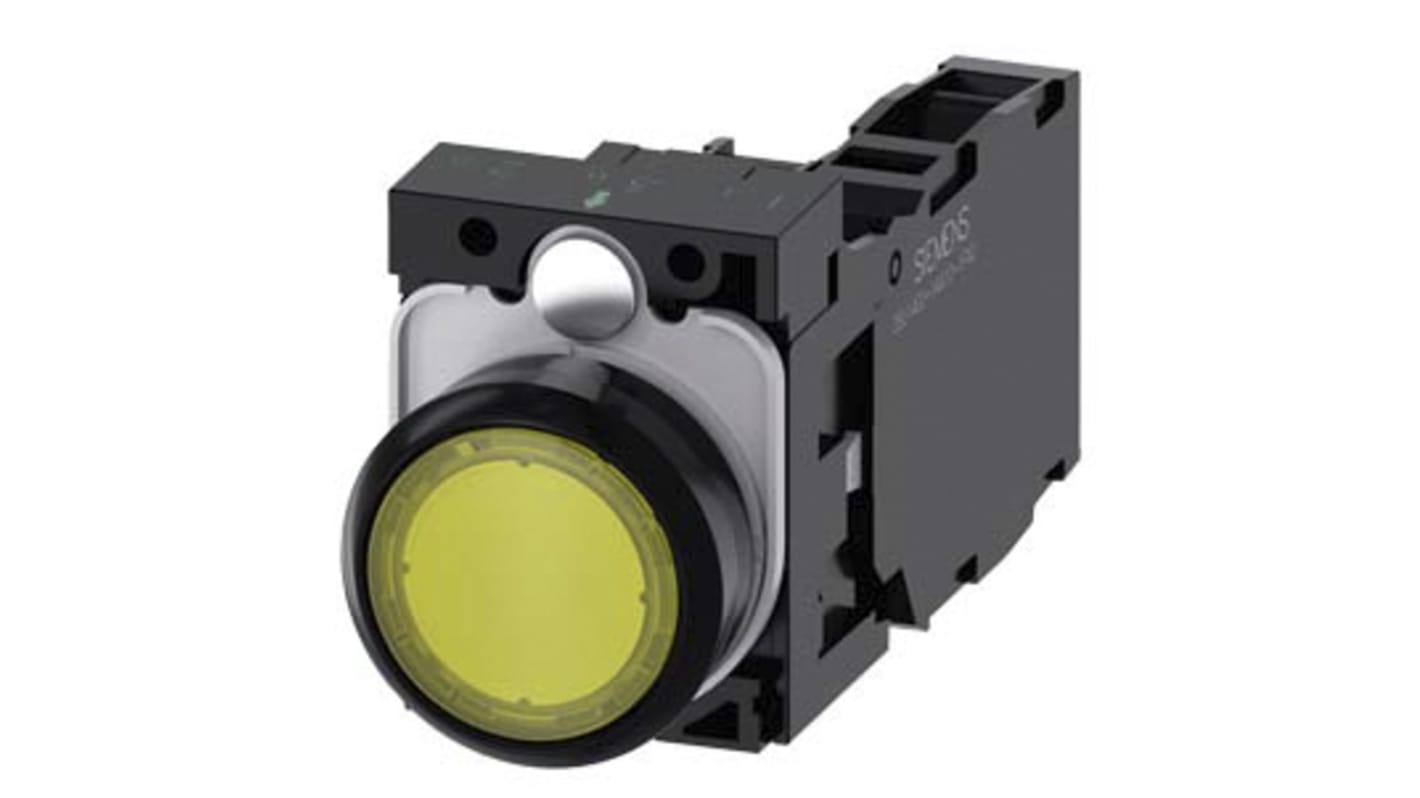 Pulsante Siemens rotondo illuminato, 22 mm, giallo, SPDT, 1 NA + 1 NC, con modulo LED, tensione 24 V, diametro 29.45 mm.