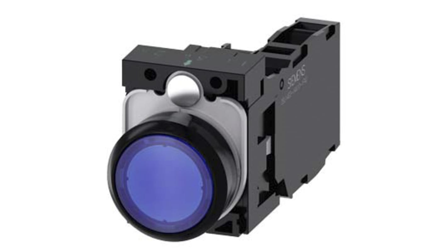 Pulsante Siemens 3SU1102-0AB50-1FA0: 22mm blu illuminato, plastica SPDT, contatto momentaneo, LED integrato.