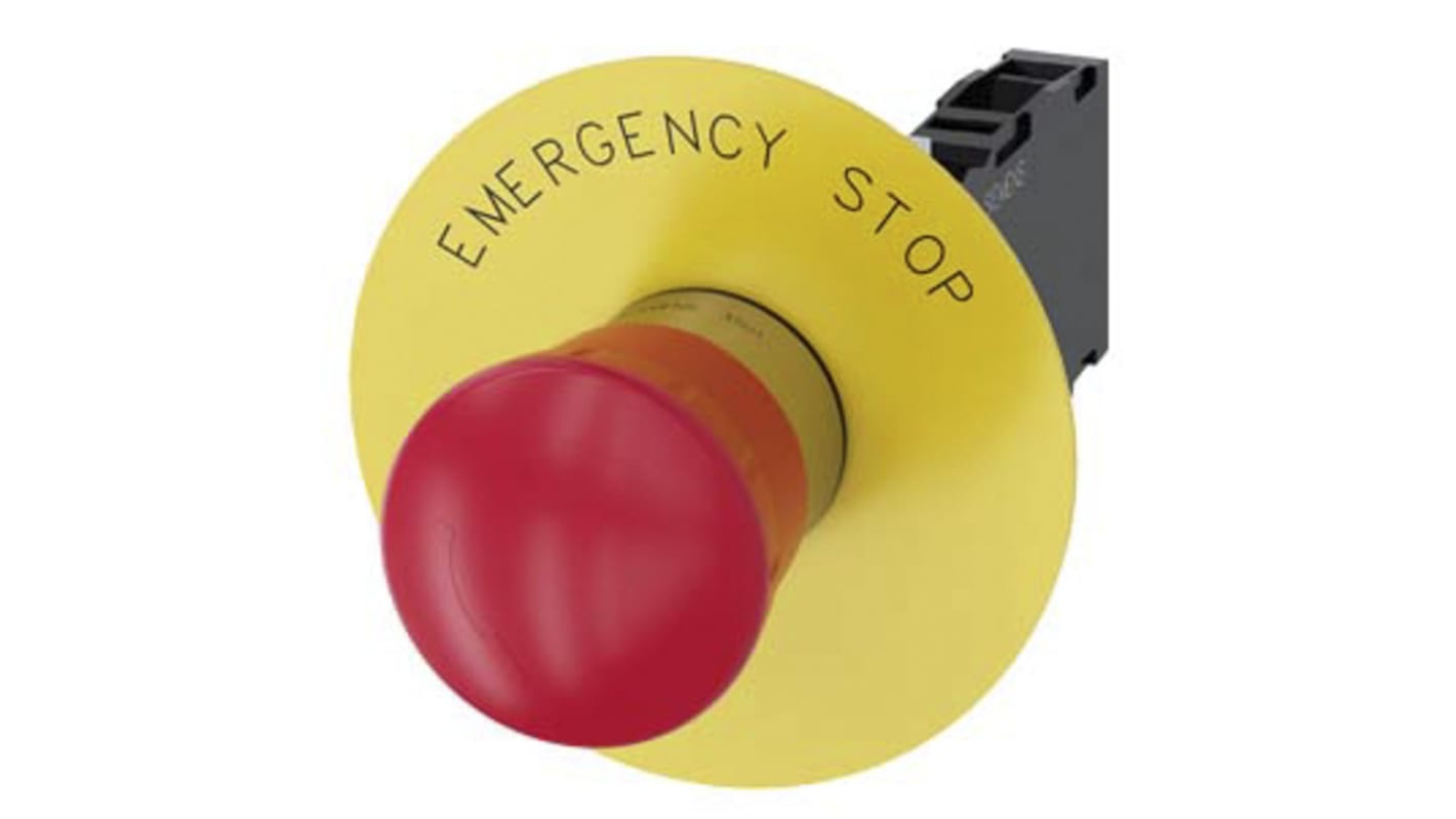 Pulsante di arresto di emergenza Siemens SIRIUS ACT Ø 22mm, rosso lucido, blocco positivo, supporto giallo. Sicurezza garantita!