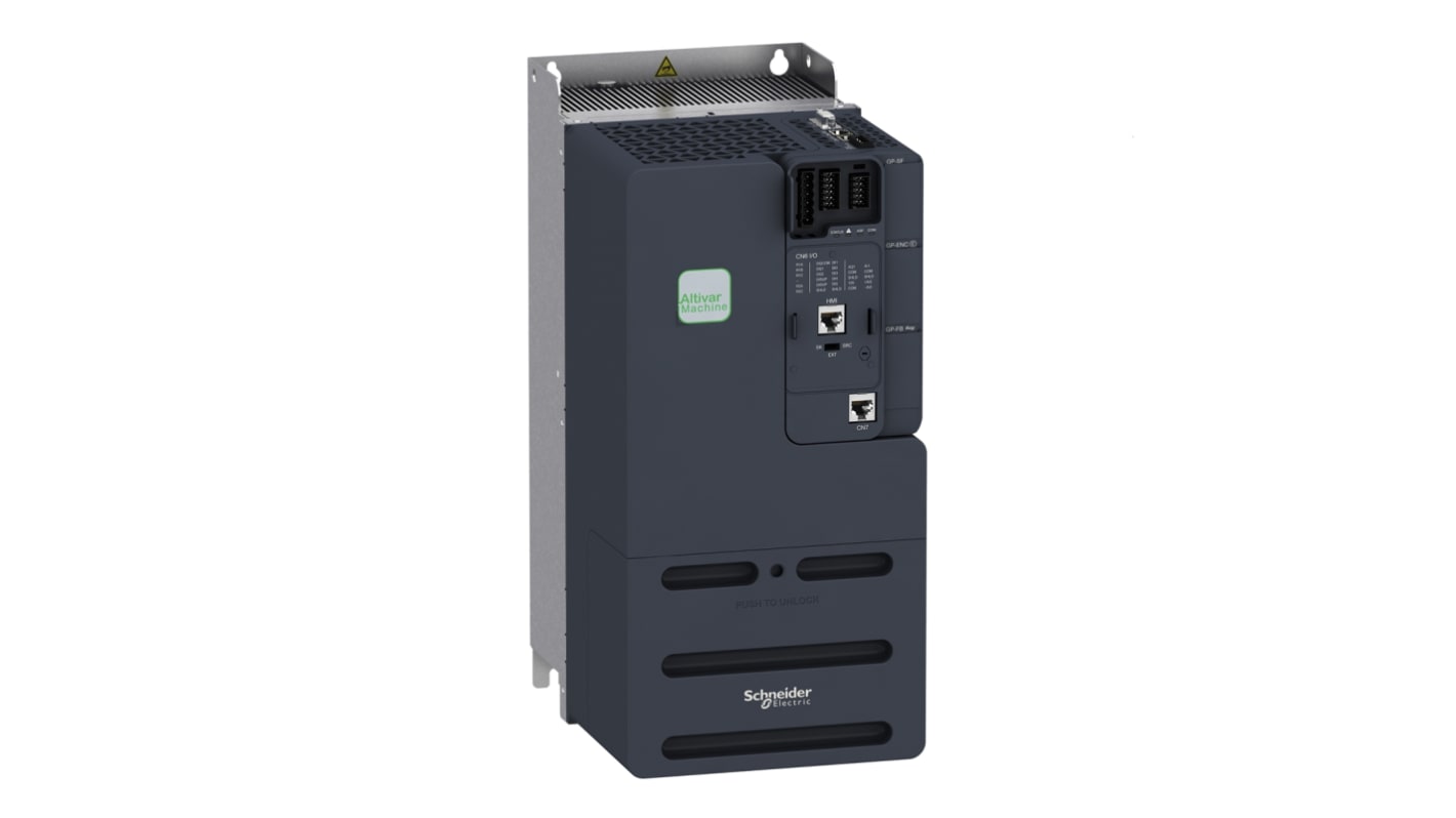 Inverter trifase Schneider Electric ATV340D11N4, 11 kW, 380-480 V, montaggio in armadietto, dimensioni 249x180x385 mm.