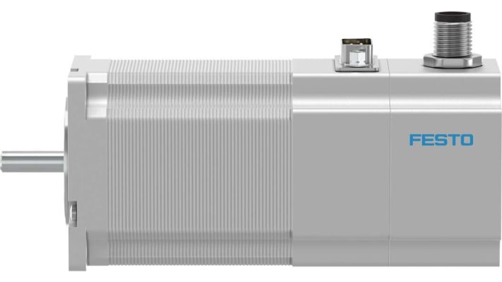 Motore passo-passo ibrido Festo EMMS-ST-57-M-SE-G2, angolo di passo 1.8°, coppia di tenuta 1.4Nm, dimensioni 124mm di profondità.