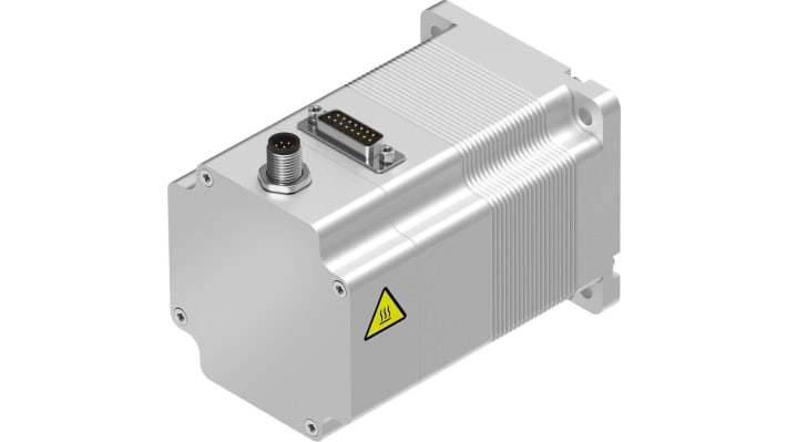 Motore passo-passo ibrido Festo EMMS-ST-87-S-SE-G2, coppia di tenuta 2.5Nm, dimensioni 112.6x11x27 mm, grado di protezione IP54.