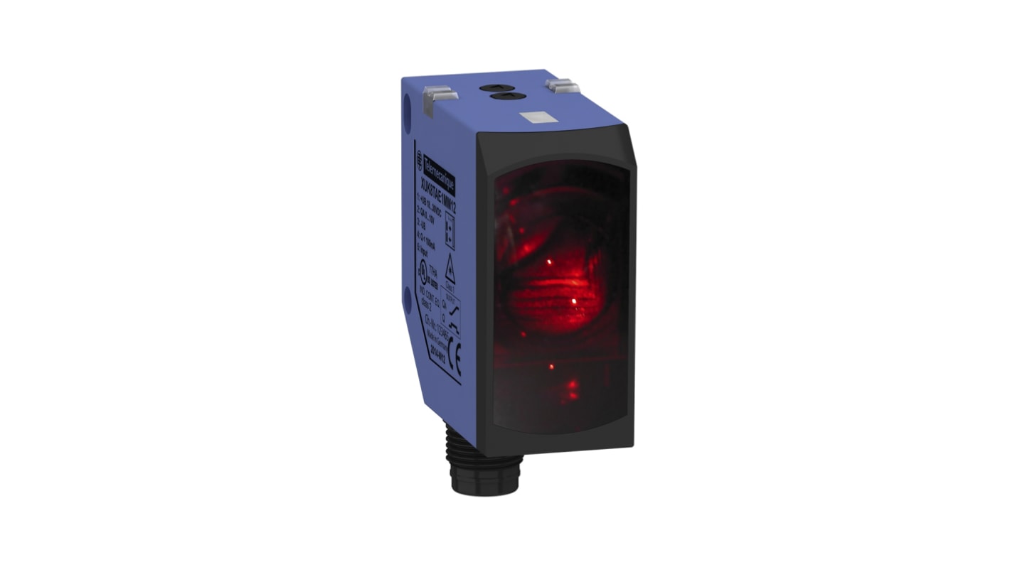 Sensore fotoelettrico compatto Telemecanique Sensors XUK8TAE1MM12, rilevamento fino a 5 m, uscita PNP, connettore M12.
