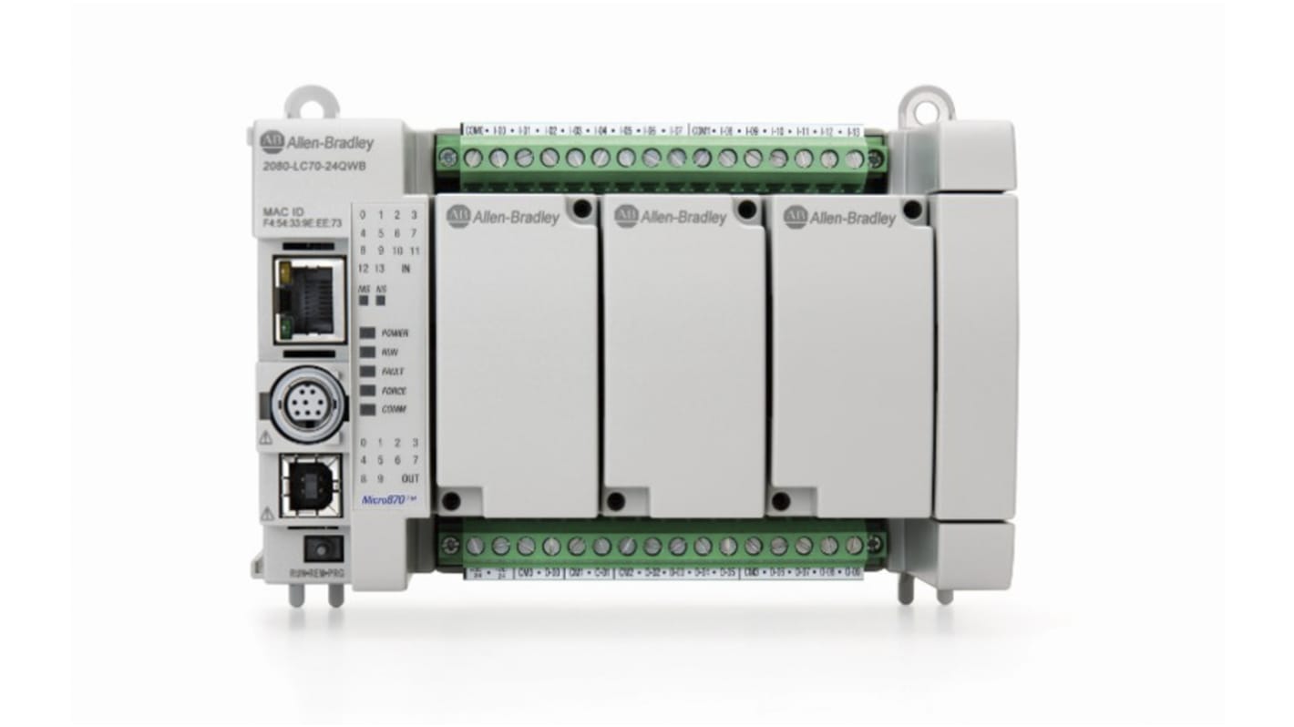 Allen Bradley 2080-LC70-24QWB, CPU PLC Micro870, 14 ingressi, 10 uscite, dimensioni 90 x 145 x 80 mm, connettività Ethernet.