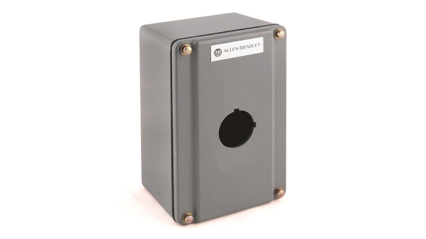 Scatola per pulsante Allen Bradley 800T-1TZ, 1 foro da 30mm, materiale plastico, dimensioni 96.77 x 106.43 x 80.24mm, colore grigio.