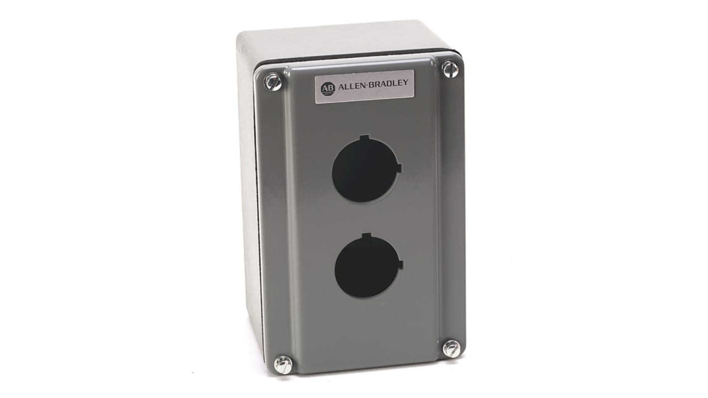 Scatola per pulsante Allen Bradley 800T-2TZ, 2 fori da 30mm, colore grigio, dimensioni 96.77 x 80.24 x 149.35mm.