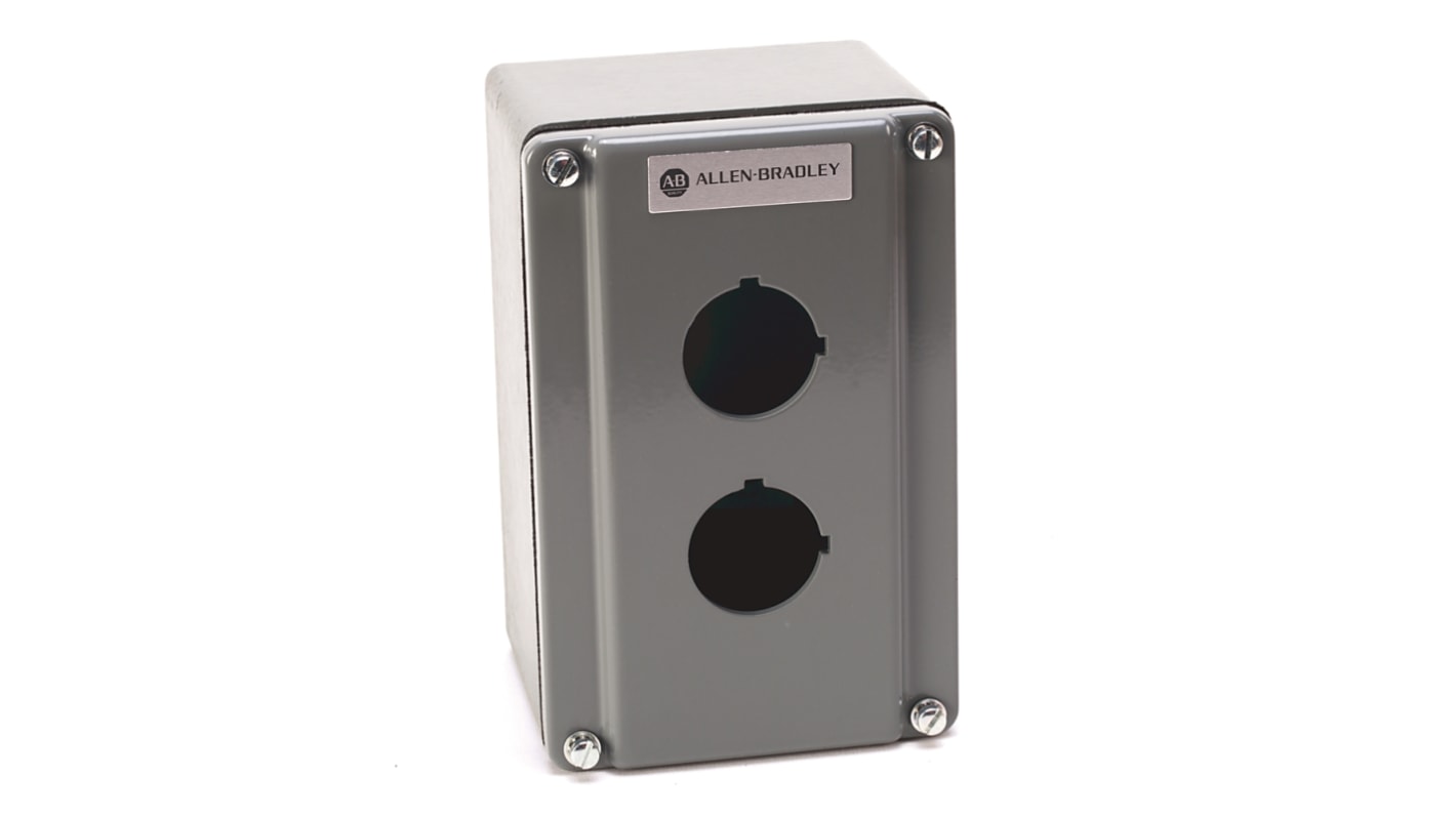 Scatola per pulsante Allen Bradley 800T-4TZ, 4 fori da 30mm, materiale plastico grigio, dimensioni 96.77 x 241.3 x 80.24mm.