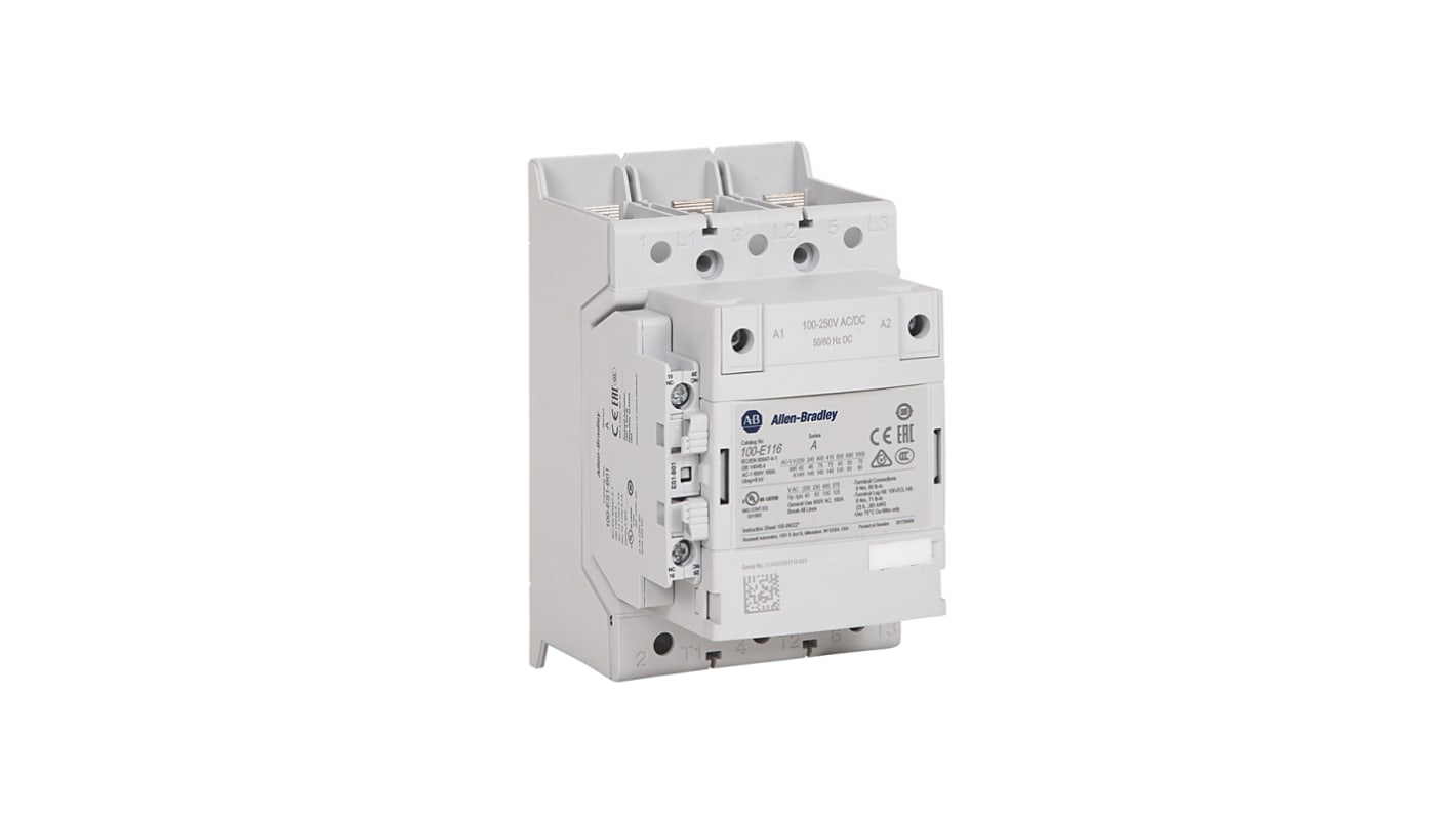 Contattore Direct on Line Allen Bradley 100-E116KJ11, 3 poli, 116 A, montaggio a pannello, dimensioni 90x126x150 mm.