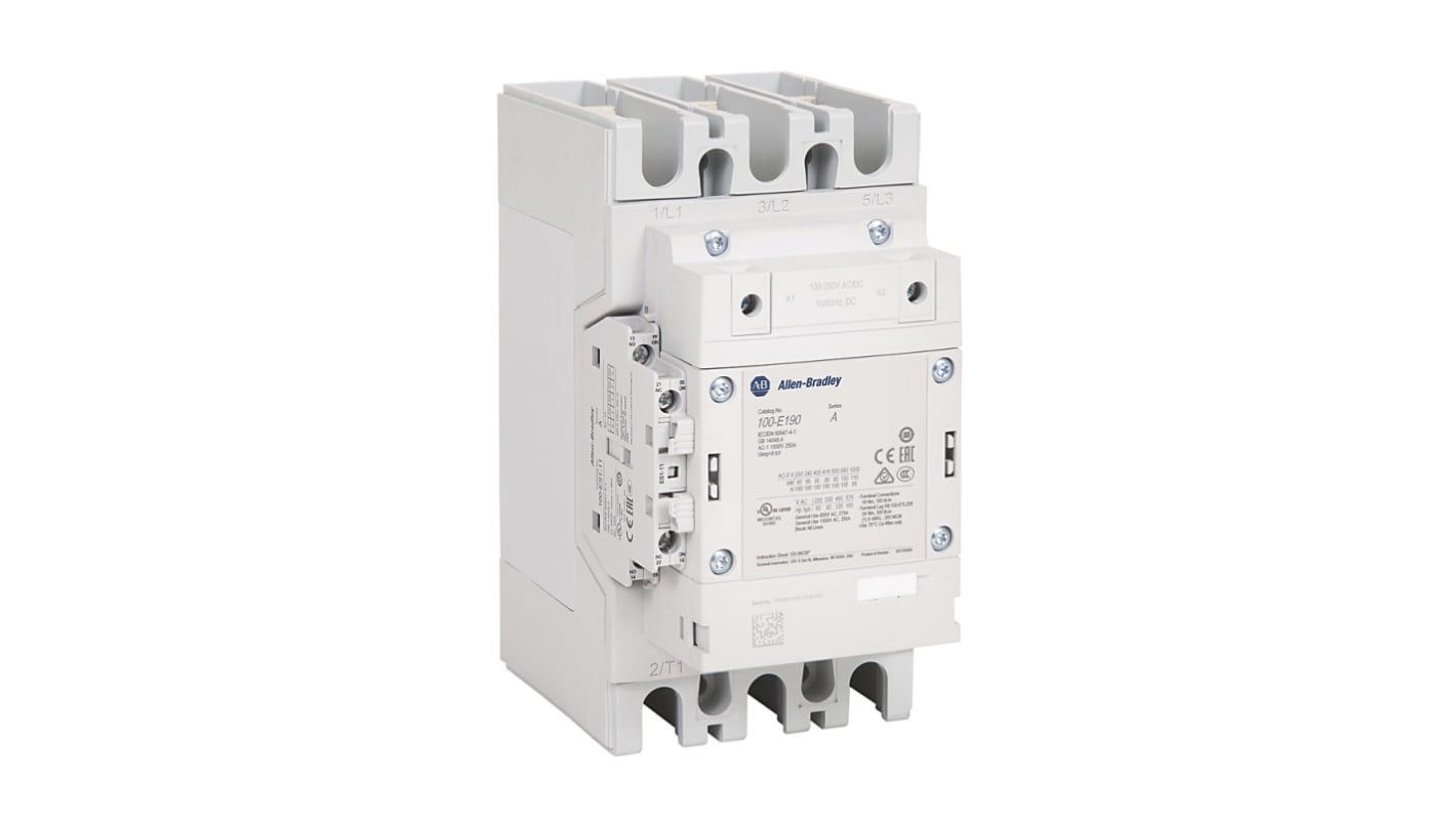 Contattore Direct on Line Allen Bradley 100-E190ED11, 3 poli, 190 A, montaggio a pannello, dimensioni 169.5 x 105 x 196 mm.