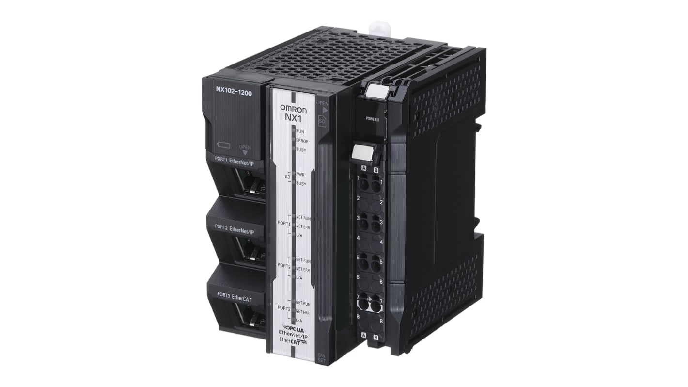 Omron NX102-1100, CPU PLC per automazione, 24 V c.c., 68,1 x 90 x 103 mm, montaggio a pannello, tre porte Ethernet.