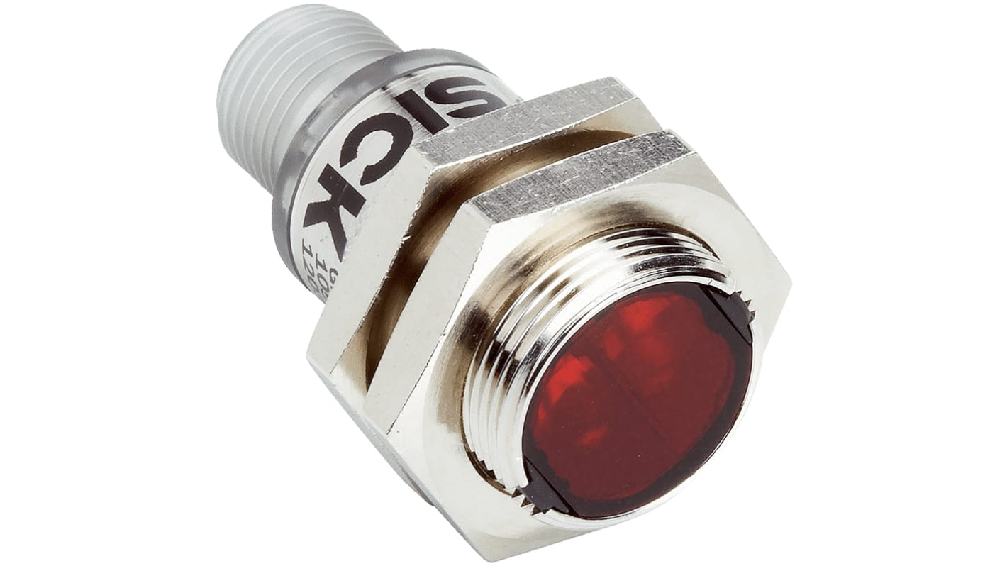 Sensore fotoelettrico cilindrico Sick GRSE18S-P2442, rilevamento fino a 10 m, uscita PNP, grado di protezione IP67.