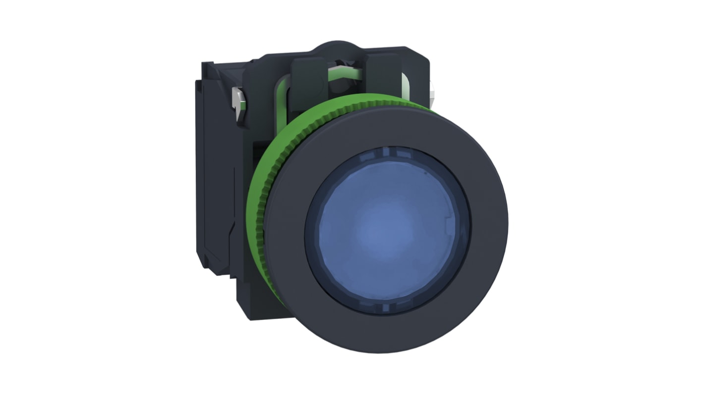 Pulsante SPDT blu Schneider Electric XB5FW36M5, montaggio a pannello, diametro 36.6 mm, resistenza a vibrazioni e agenti chimici.