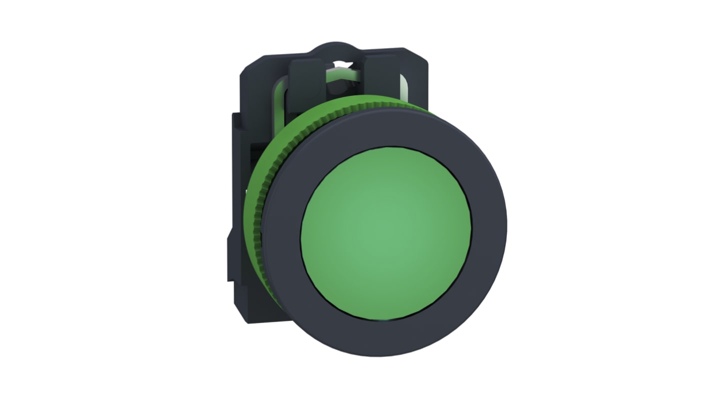 Spia LED verde Schneider Electric XB5FVG3, montaggio a filo, diametro foro 30mm, tensione 100-132V AC, resistente a vibrazioni.