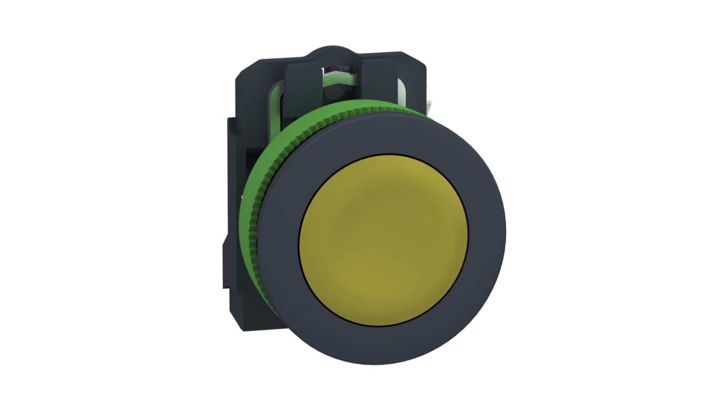 Pulsante SPST giallo Schneider Electric XB5FA51, montaggio a pannello, protezione IP69, diametro foratura 30mm.