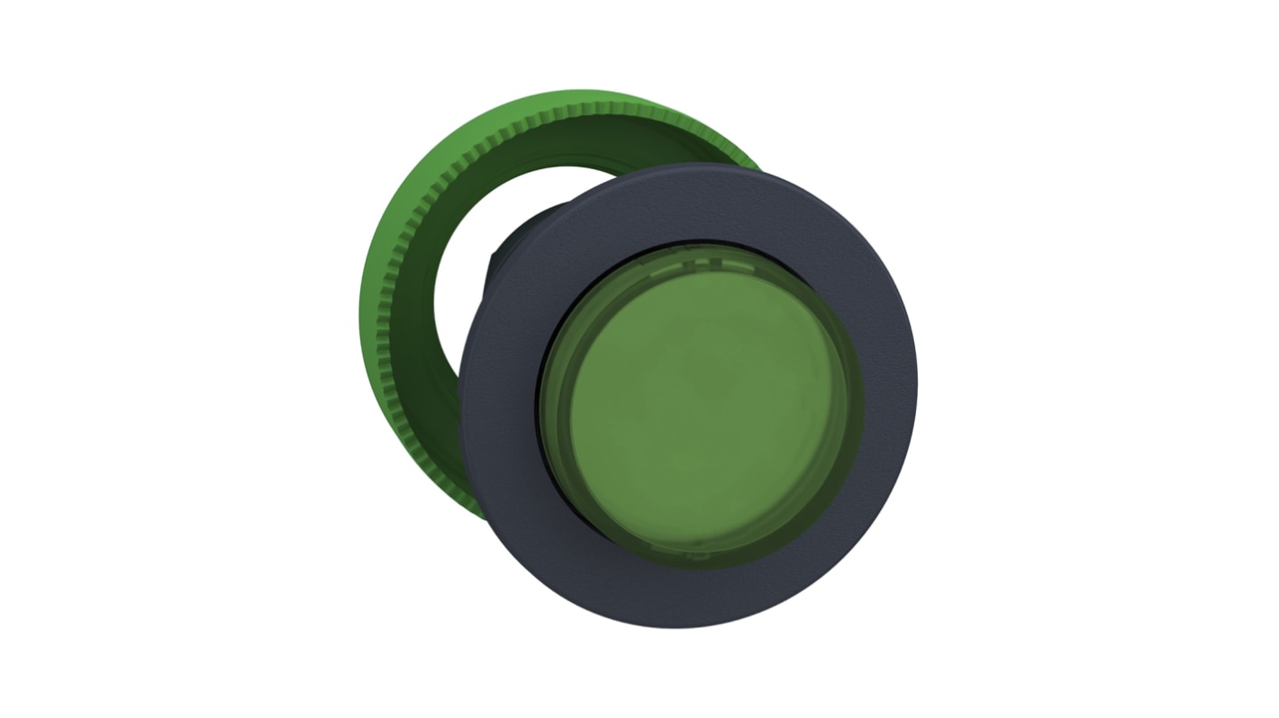 Attuatore pulsante rotondo ZB5 di Schneider Electric, diametro foro 30 mm, colore verde, montaggio a incasso, protezione IP66/IP67/IP69K.