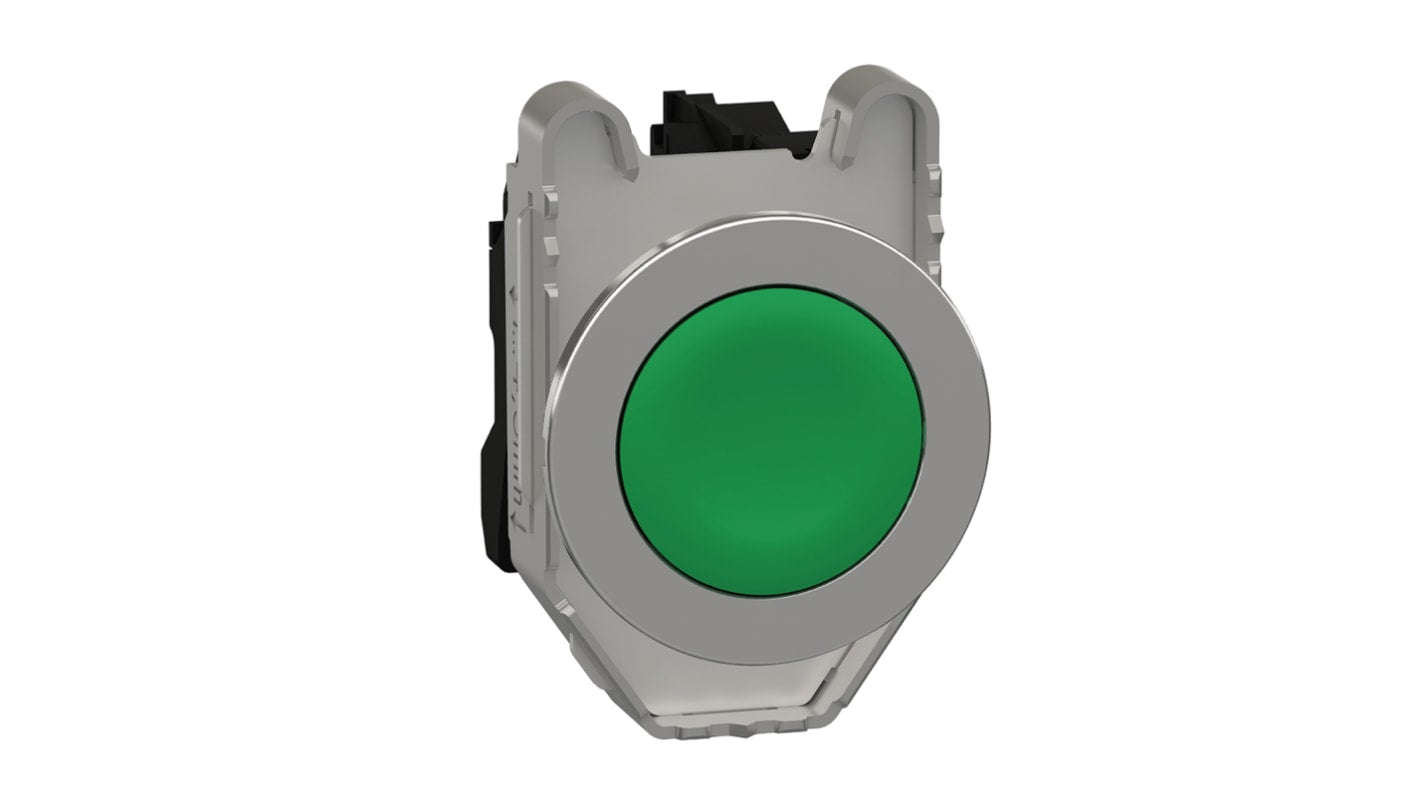 Pulsante SPST Schneider Electric XB4FA31, montaggio a pannello, diametro 36,5 mm, colore verde, resistente a temperature da -40 a +70 °C.