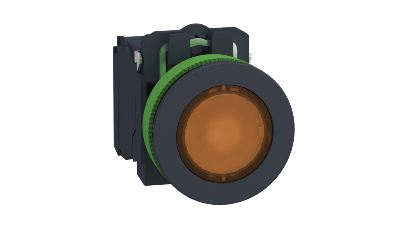 Pulsante luminoso SPDT Schneider Electric XB5FW35G5, montaggio a pannello, diametro 36.6 mm, colore arancione, resistenza a vibrazioni.