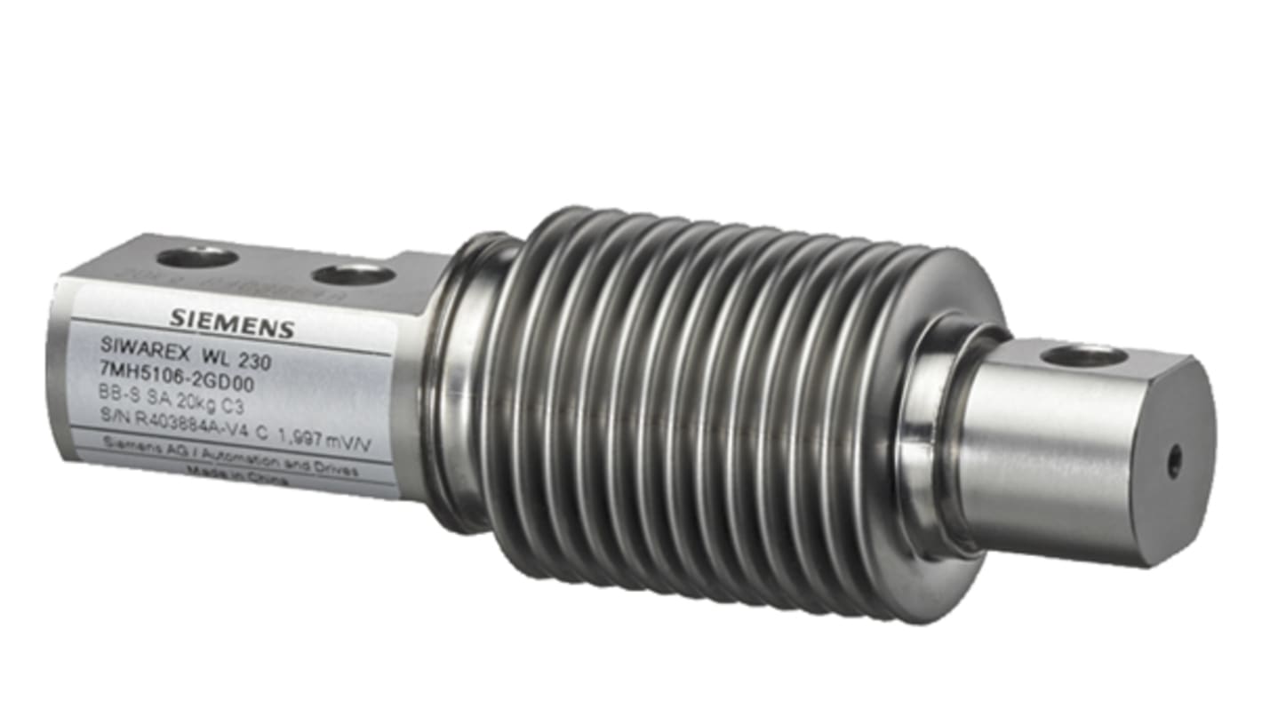 Cella di carico Siemens 7MH5106-2GD00 per compressione, carico nominale 20kg, precisione ±0,02%, IP68, acciaio inox, Ø 39 x 120 mm.