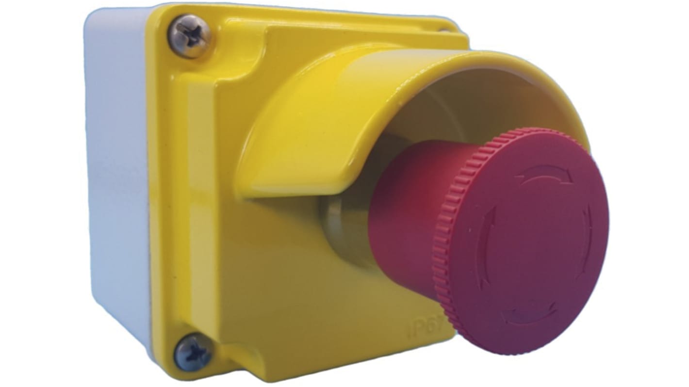 Pulsante di arresto di emergenza Lovato LPZM1B5P01, montaggio superficiale, protezione IP66/IP67, dimensioni 108x80x80 mm, attuazione a pulsante.