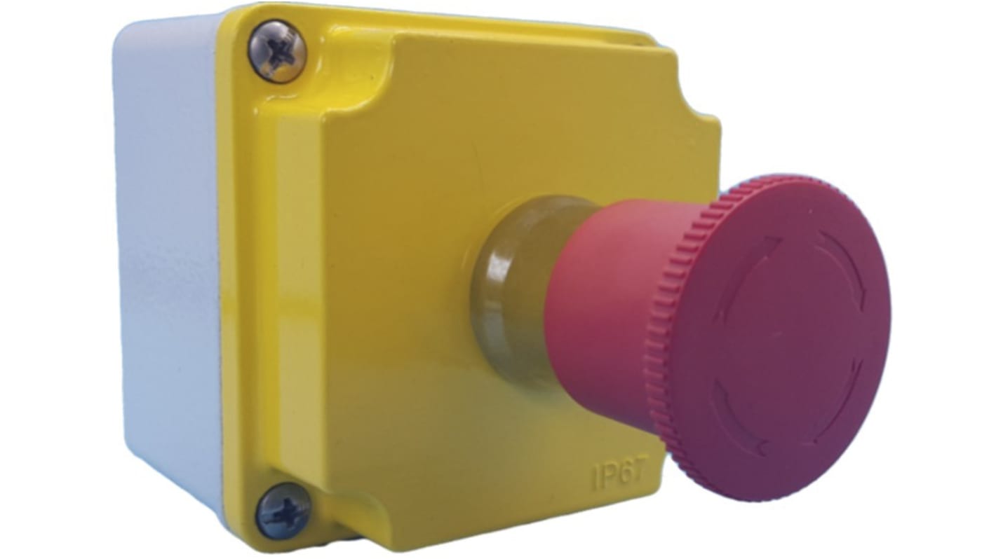 Pulsante di arresto di emergenza Lovato LPZM1B501, montaggio superficiale, contatto 1NC, protezione IP66/IP67, dimensioni 80mm.