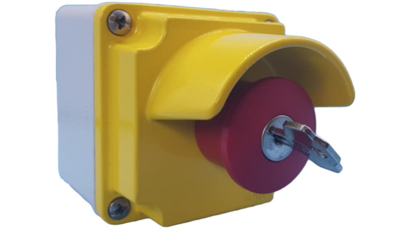 Pulsante di arresto di emergenza Lovato LPZM1B5P02, montaggio superficiale, grado di protezione IP66/IP67, dimensioni 108x80x80 mm.