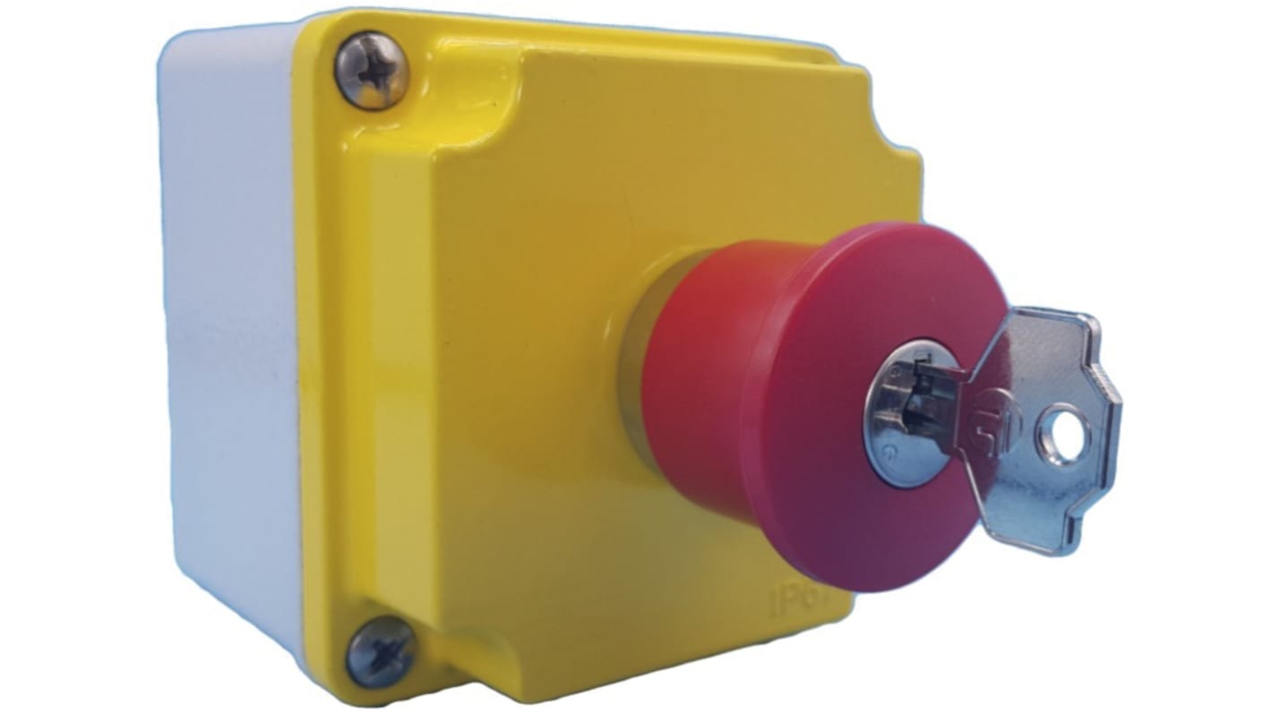 Pulsante di arresto di emergenza Lovato LPZM1B502, montaggio superficiale, configurazione 1NC, protezione IP66/IP67, dimensioni 80x73x80 mm.