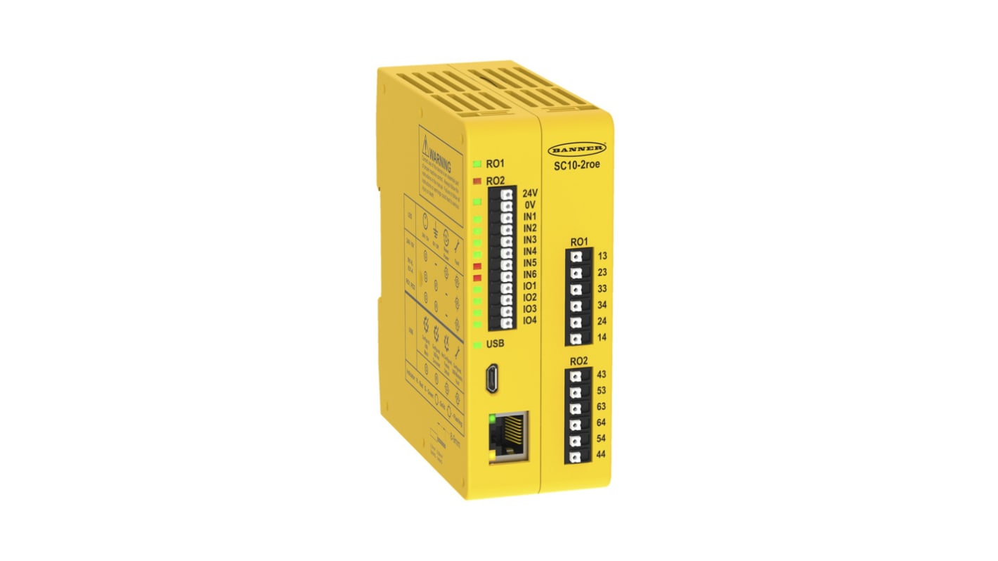 Controller di sicurezza Banner SC10-2ROE, 10 ingressi, 2 uscite relè, comunicazione Modbus/Profibus, dimensioni 45 x 100 x 115 mm.