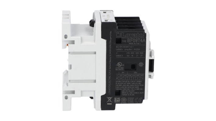 Contattore Lovato BF09T4A024, 4 poli, 25 A, 24 V c.a., montaggio su guida DIN, dimensioni 45x80.7x81 mm.