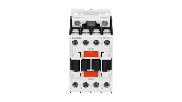 Contattore Lovato BF18T4A230, 4 poli, 32 A, bobina 230 V c.a., montaggio su guida DIN, dimensioni 45 mm x 80,7 mm x 81 mm.