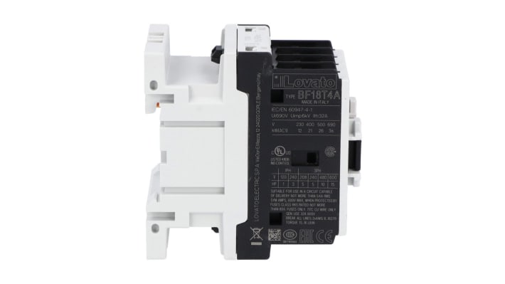 Contattore Lovato BF18T4A230, 4 poli, 32 A, bobina 230 V c.a., montaggio su guida DIN, dimensioni 45 mm x 80,7 mm x 81 mm.