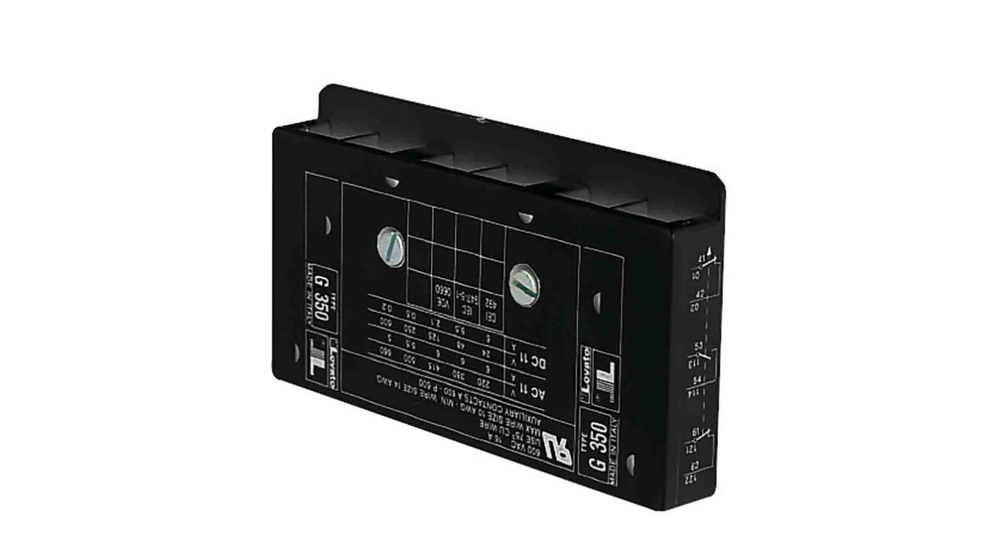Contattore reversibile Lovato 11G350, con terminali FASTON e configurazione 2no+1nc, dimensioni 111.5x14.5x60.6 mm.