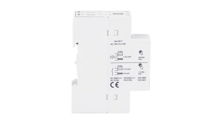 Contattore Lovato CN2020024, 2 poli NA, 20 A, tensione 24 V, montaggio su guida DIN, dimensioni 17,5 x 65 x 85 mm.