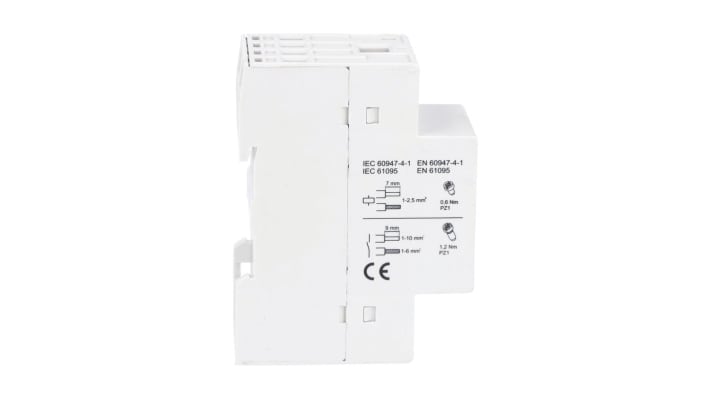 Contattore Lovato CN3210220, 4 poli, corrente 32 A, tensione bobina 220-230 V, montaggio su guida DIN, dimensioni 65x35x85 mm.