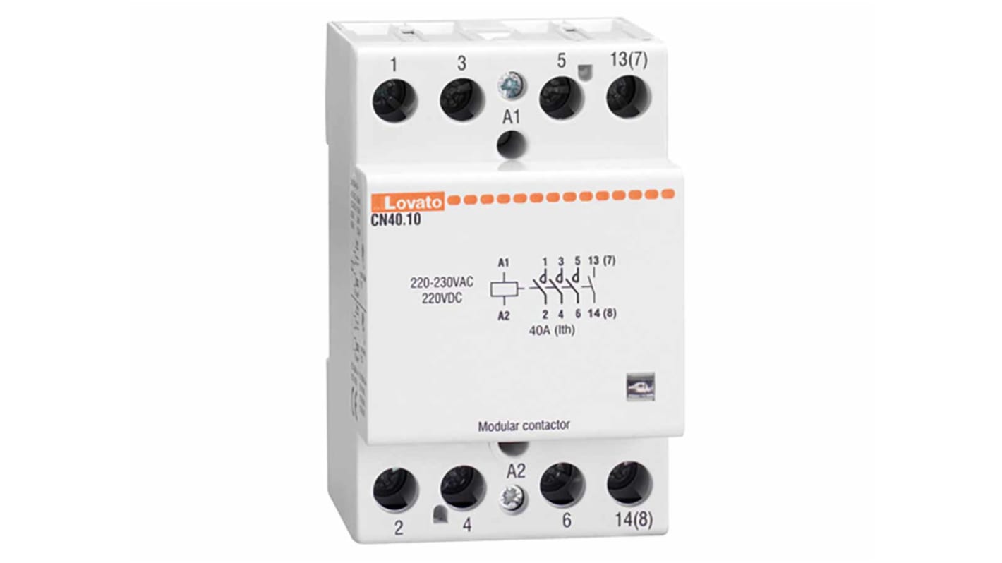 Contattore Lovato CN4010024, quadripolare 40 A, bobina 24 V, 4 contatti NA, montaggio su guida DIN, dimensioni 53.5x65x85 mm.