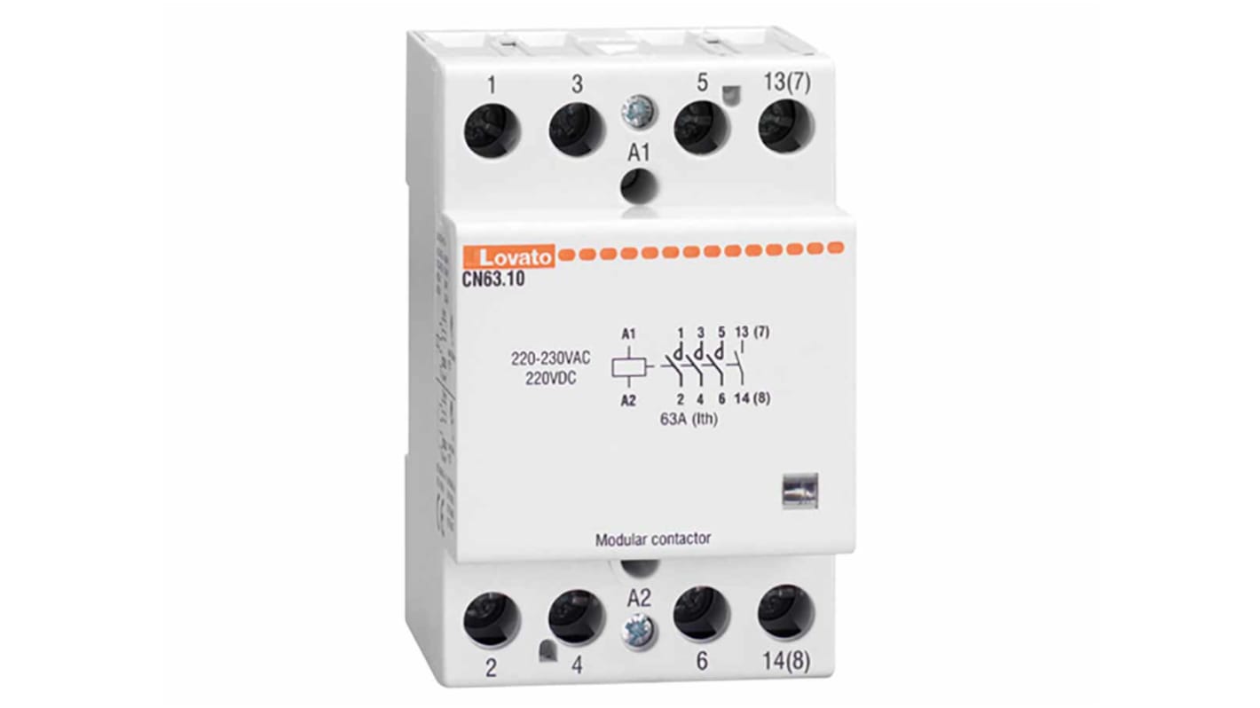 Contattore Lovato CN6310024, quadripolare 63 A, 4 contatti NA, bobina 24 V, montaggio su guida DIN, dimensioni 53.5 x 65 x 85 mm.