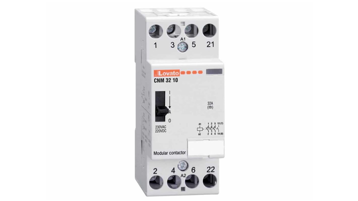 Contattore Lovato CNM3220220, 2 poli, 32 A, bobina 220-230 V c.a., montaggio su guida DIN, dimensioni 35x70x85 mm.