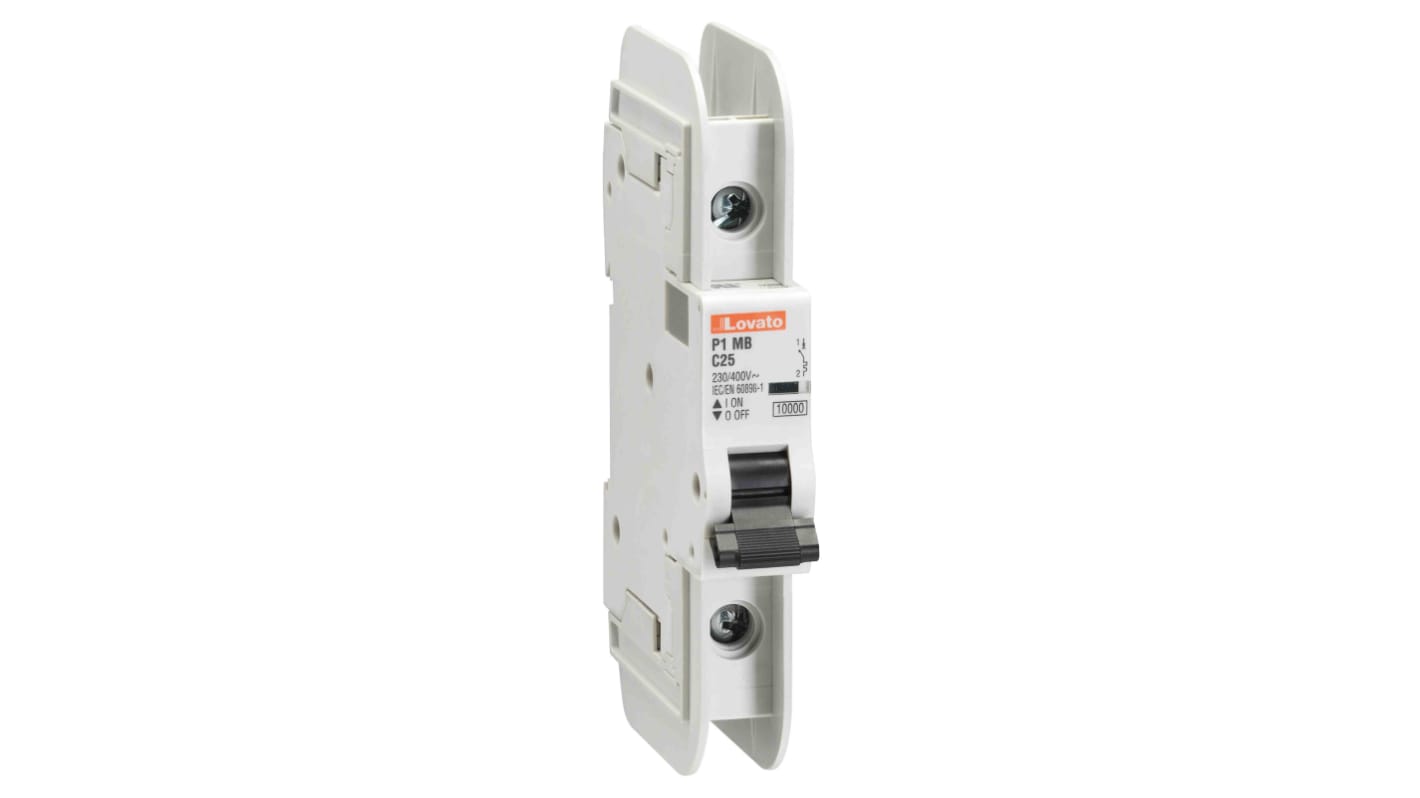 Interruttore magnetotermico Lovato P1MBUH1PC25, 1 polo, 25A, Tipo C, montaggio su guida DIN, dimensioni 18mm x 76mm x 116mm.