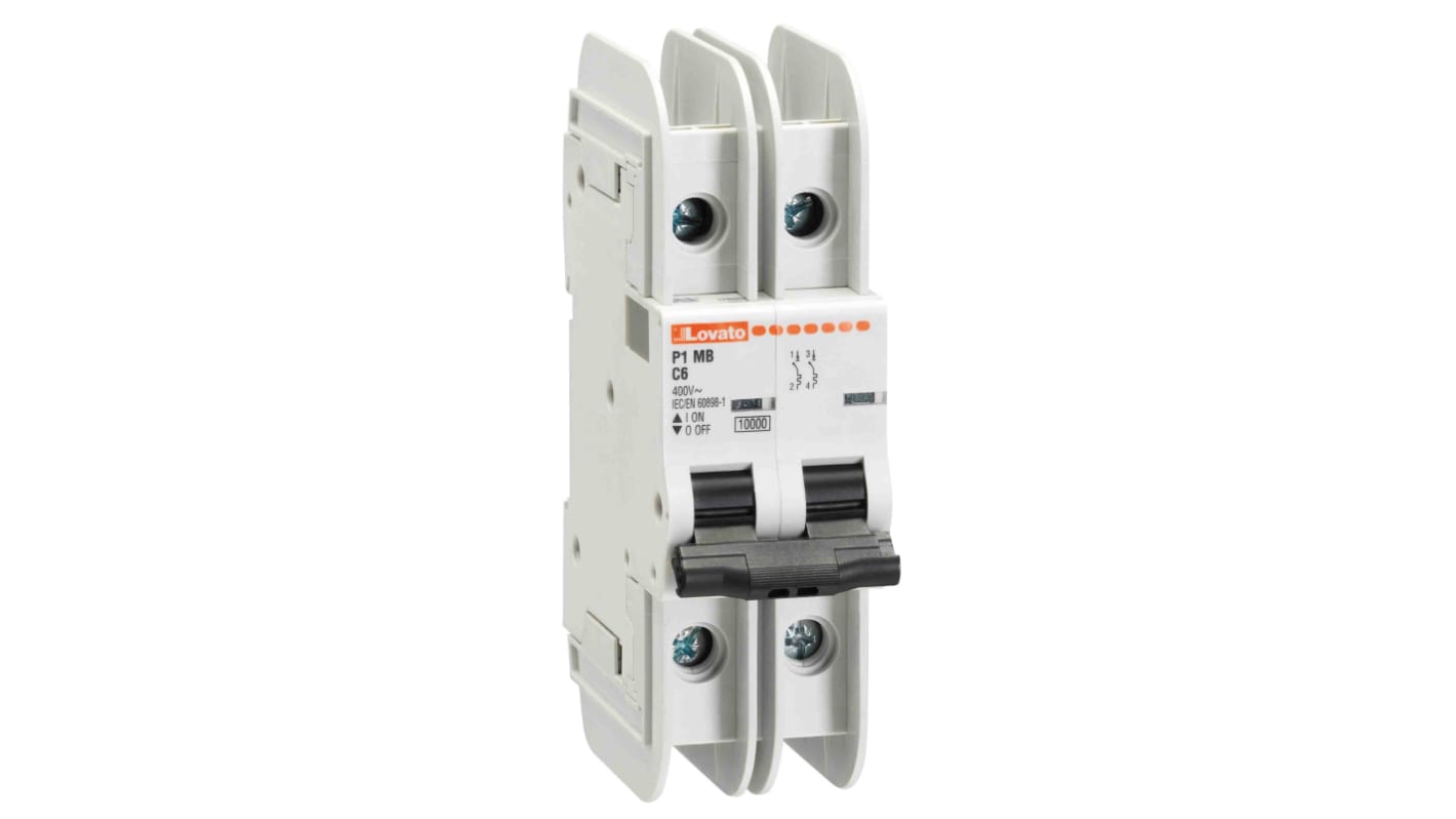 Interruttore magnetotermico Lovato P1MBUH2PC10, 2 poli, 10A, montaggio su guida DIN, dimensioni 36mm x 76mm x 116mm.