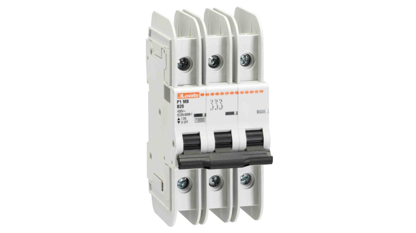 Interruttore magnetotermico Lovato P1MBUL3PC50, 3 poli, 50A, montaggio su guida DIN, dimensioni 76mm x 54mm x 116mm.