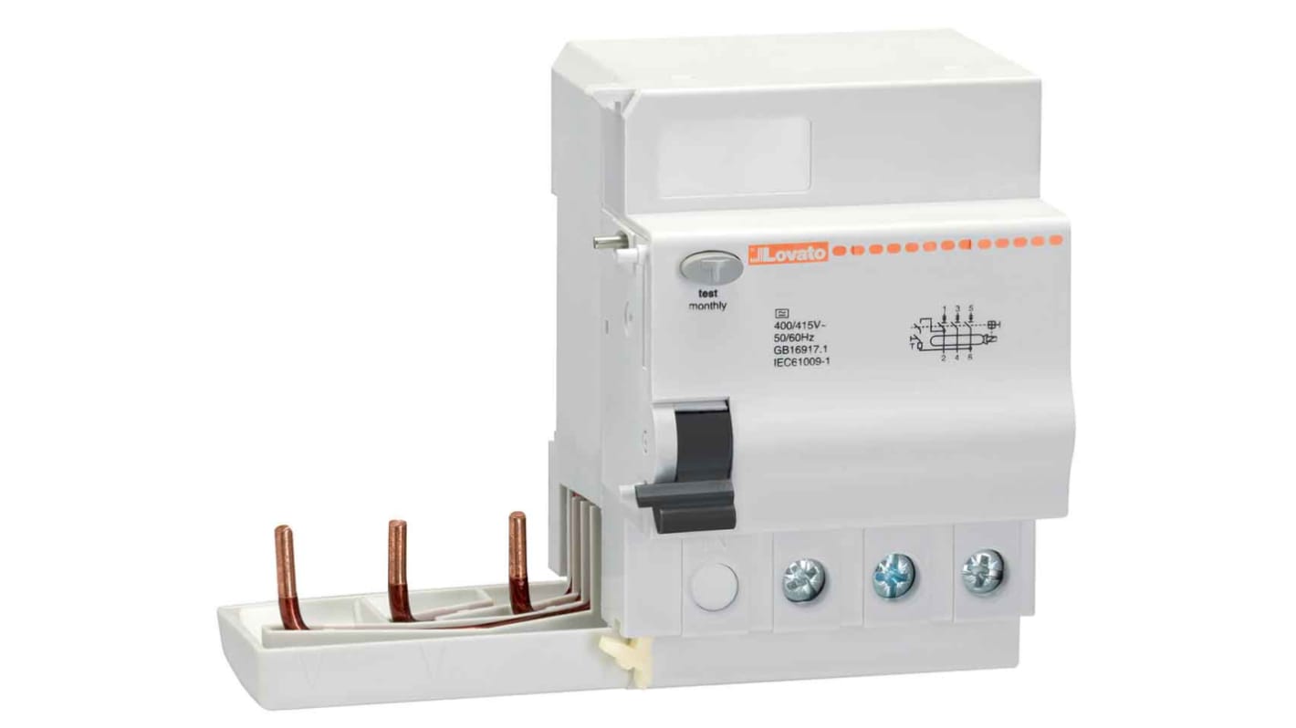 Interruttore differenziale Lovato P1RA3P40A030, 3 poli, 40A, sensibilità 30mA, montaggio su guida DIN, dimensioni 115 x 69.2 x 92 mm.