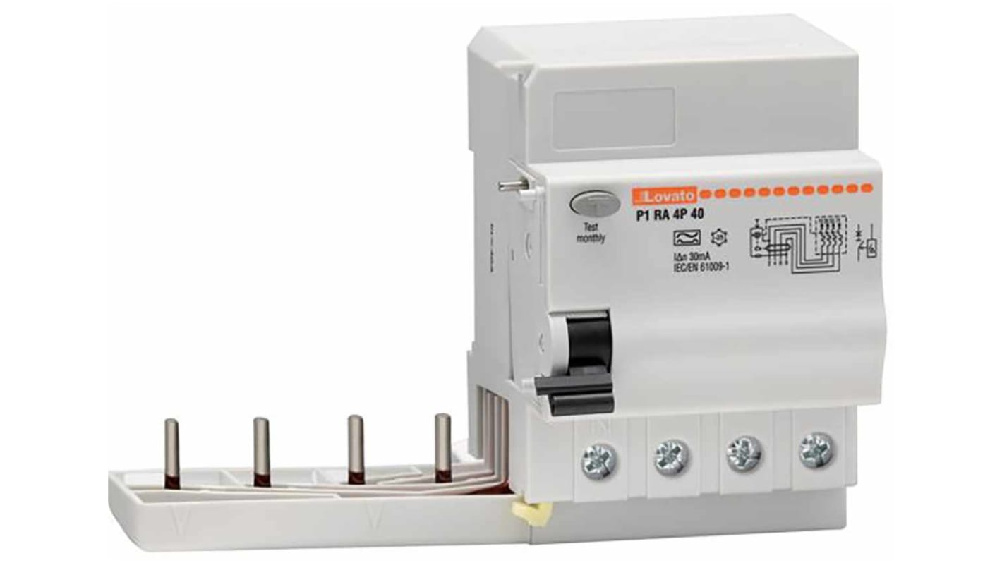 Interruttore differenziale Lovato P1RA4P63A030, 4 poli, 63A, 30mA, montaggio su guida DIN, dimensioni 133 x 69.2 x 92 mm.