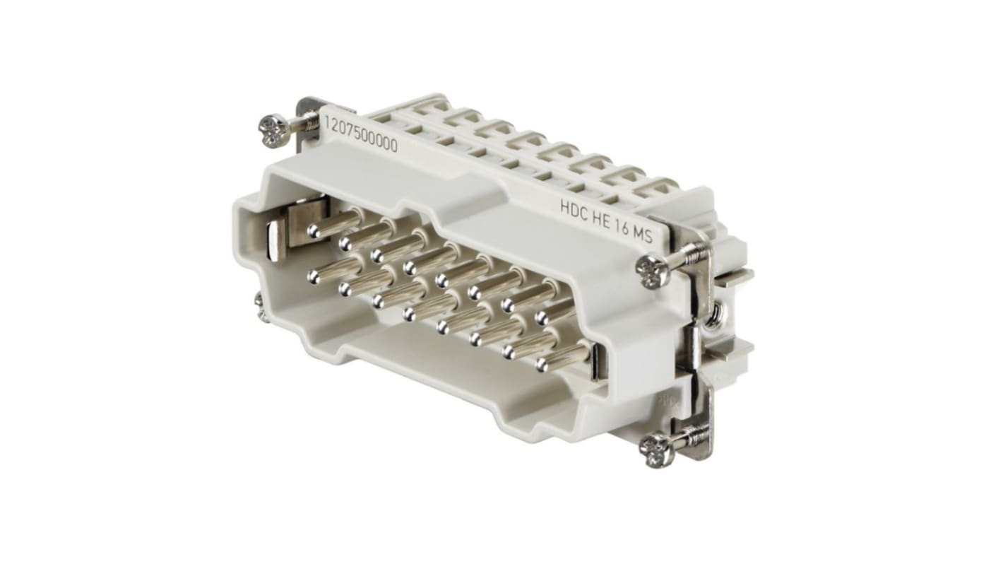 Inserto maschio HE 16A 16 vie Weidmüller 1207500000 per connessioni di potenza fino a 500V. Resistente, compatto e ideale per robotica e trasporti.