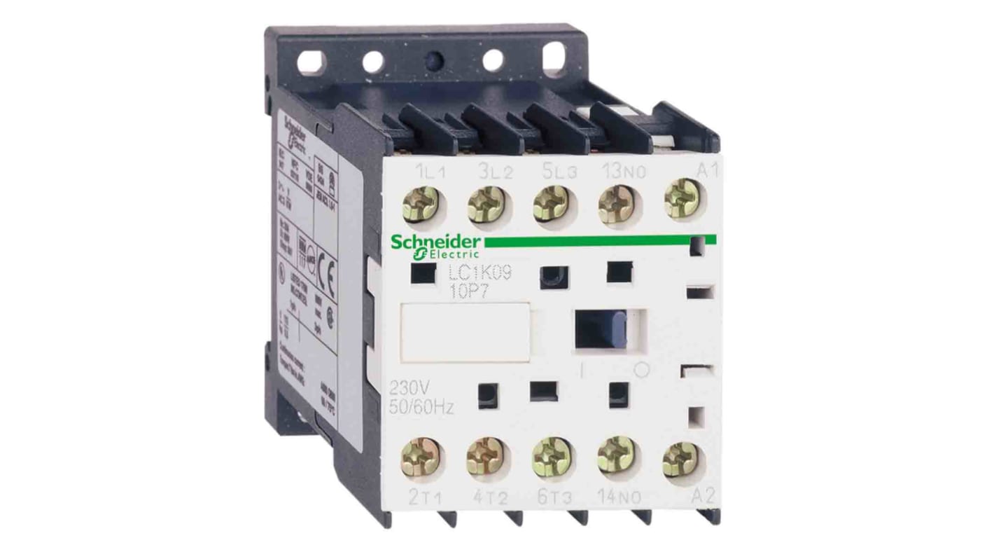 Contattore Schneider Electric LC1K1210M7, 3 poli, 3 contatti NA, montaggio su guida DIN, dimensioni 58x45x57 mm.