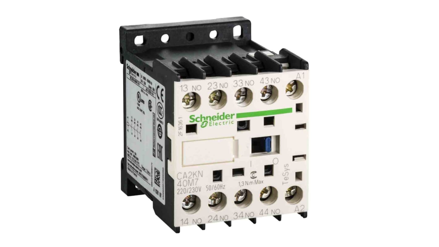 Relè di controllo Schneider Electric CA2KN40M7, 4 contatti NA, montaggio su guida DIN, dimensioni 45x57x58 mm.