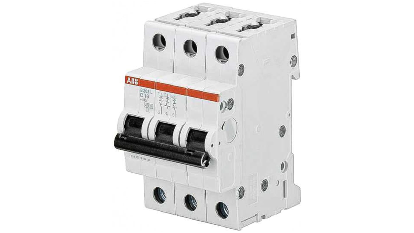 Interruttore magnetotermico ABB 350338, 3 poli, 16A, montaggio su guida DIN, dimensioni 52.5x69x88mm, conforme a IEC/EN.