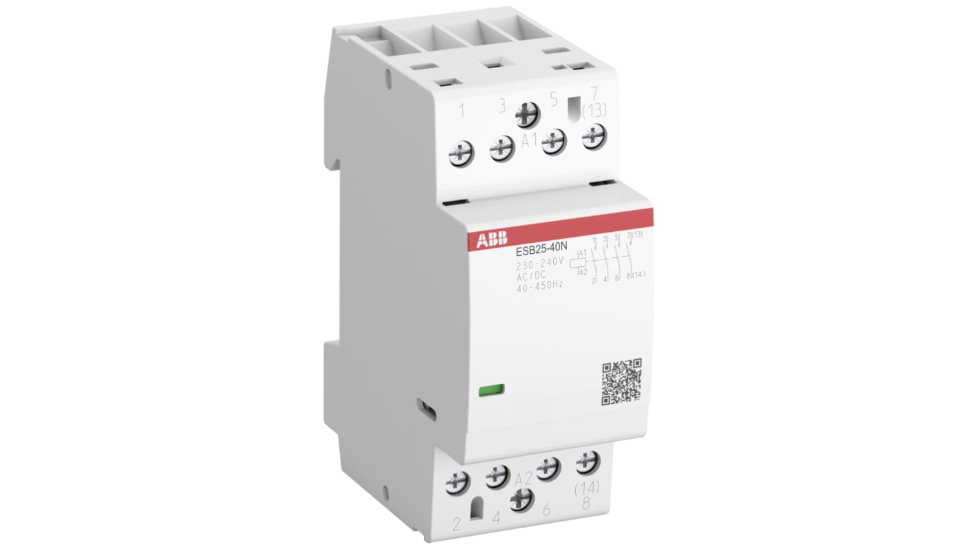 Contattore ABB HD451822, 4 poli, 25 A, bobina 230 V c.a., dimensioni 36x65x85 mm, temperatura operativa -25°C/+55°C.