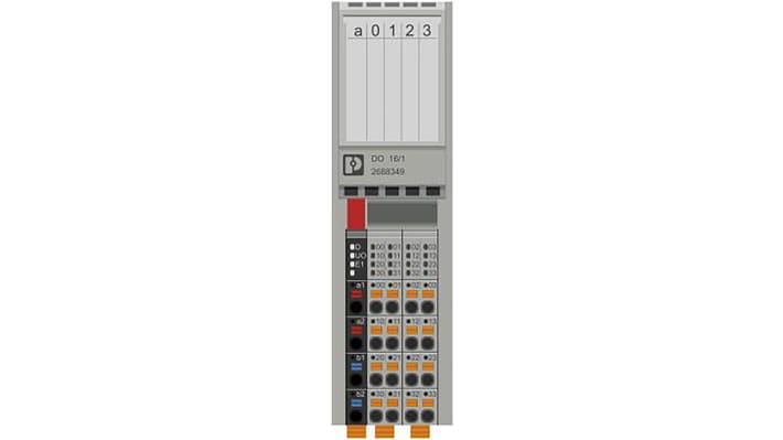 Phoenix Contact 2688349, modulo I/O digitale per PLC, 16 uscite 24 V DC, montaggio su guida DIN, dimensioni 35 x 54 x 126,1 mm.
