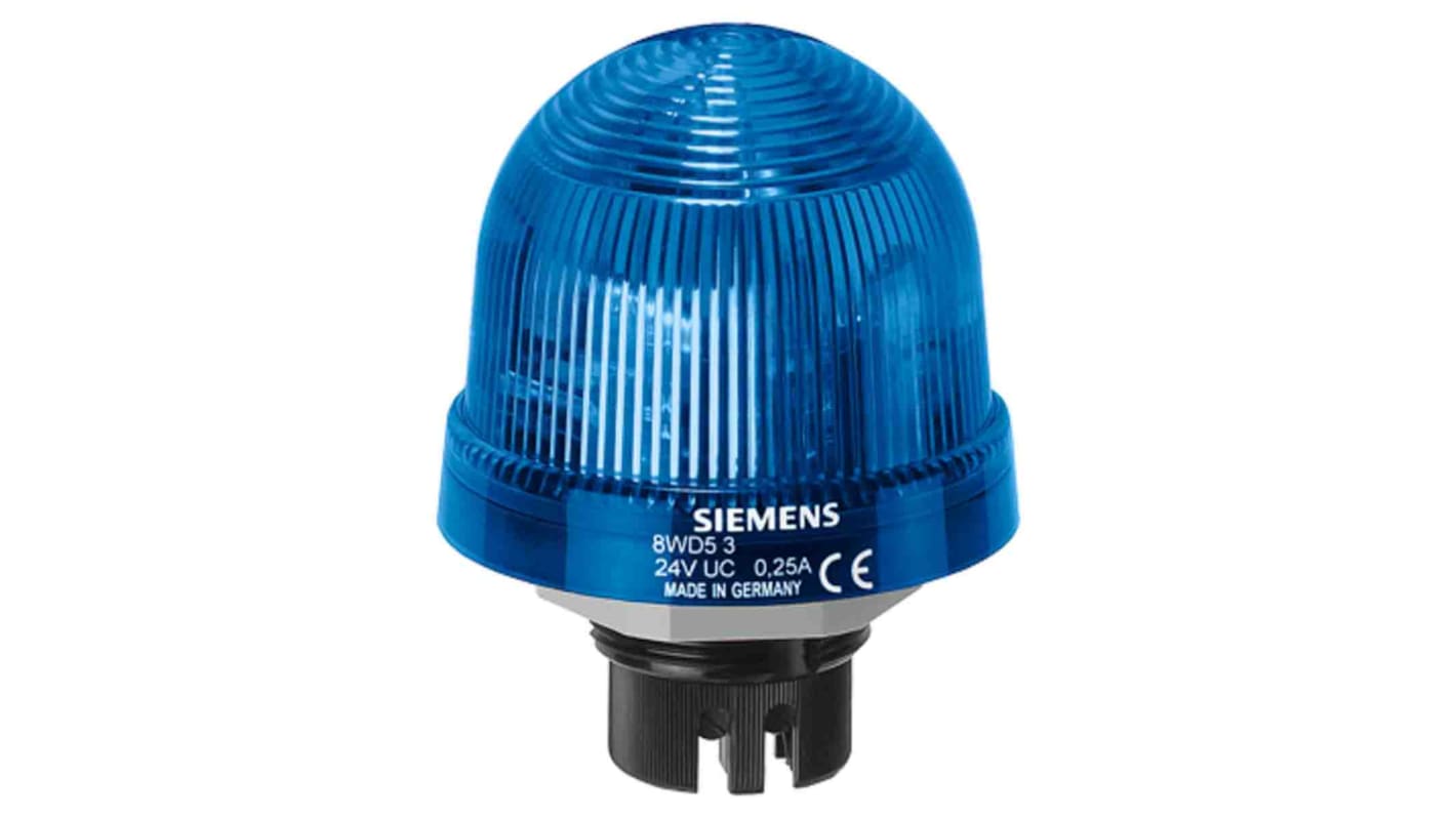 Segnalatore fisso LED blu Siemens 8WD5320-5AF, montaggio a baionetta, diametro 70 mm, grado di protezione IP65.